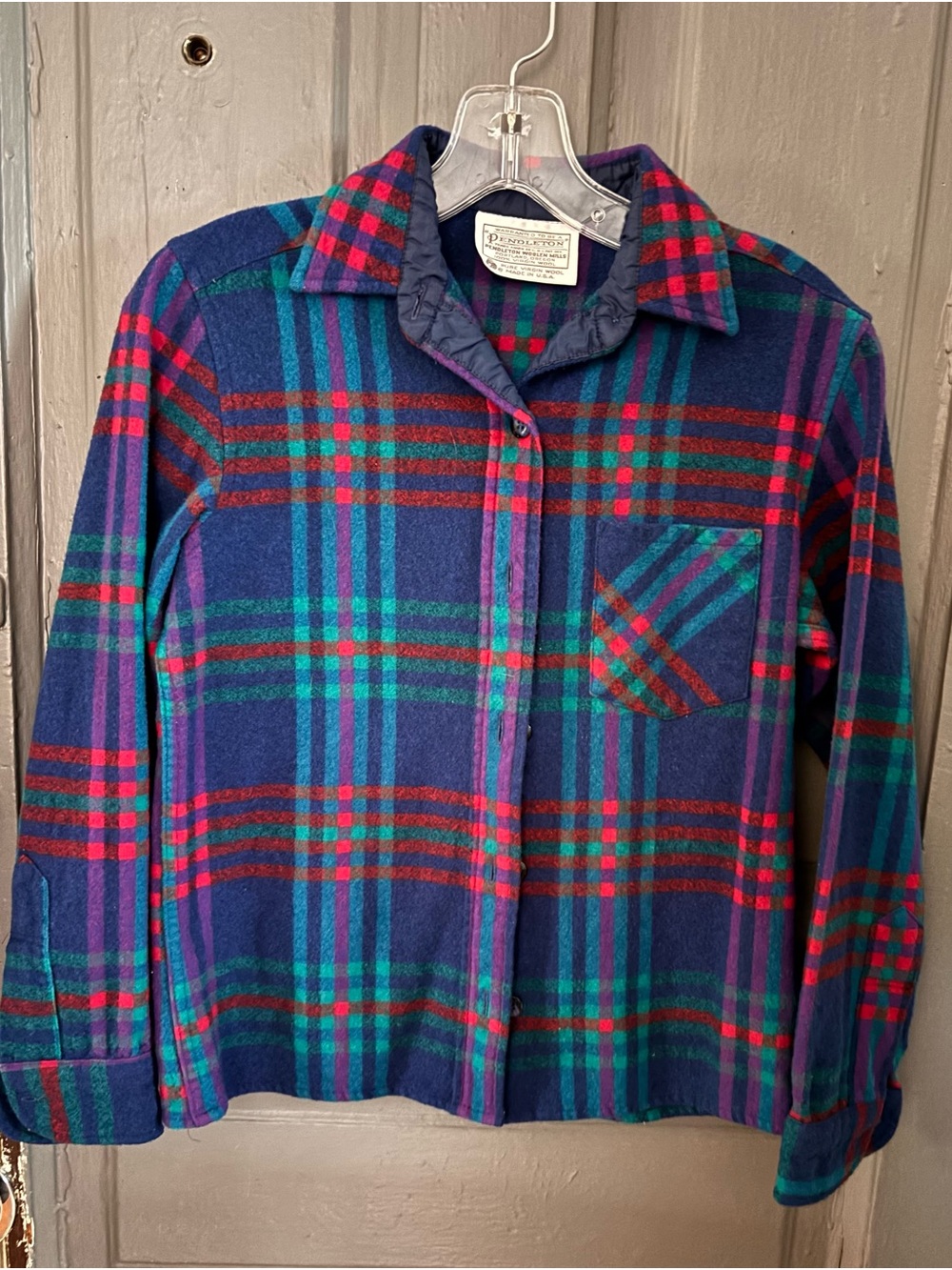Pendleton Plaid Wool Shirt Jacket in Navy, Green & Red